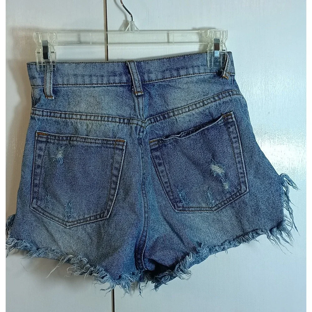 Signature 8 Distressed Button Fly High Waist Denim Shorts Blue Y2k Cheeky Size S